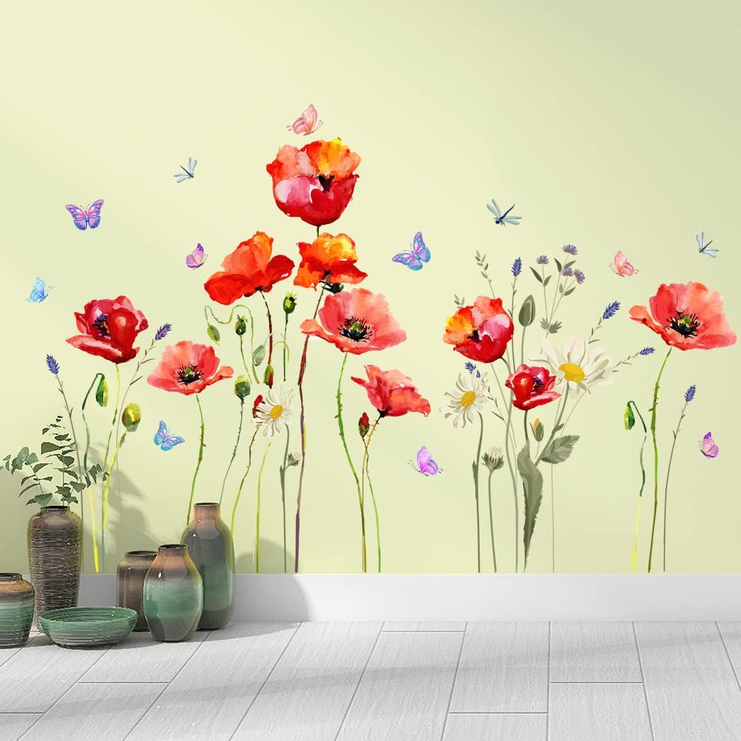 Calcomanías de pared de flores de amapola roja, margaritas florales y mariposas, calcomanías de pared para bricolaje, hojas verdes, plantas y