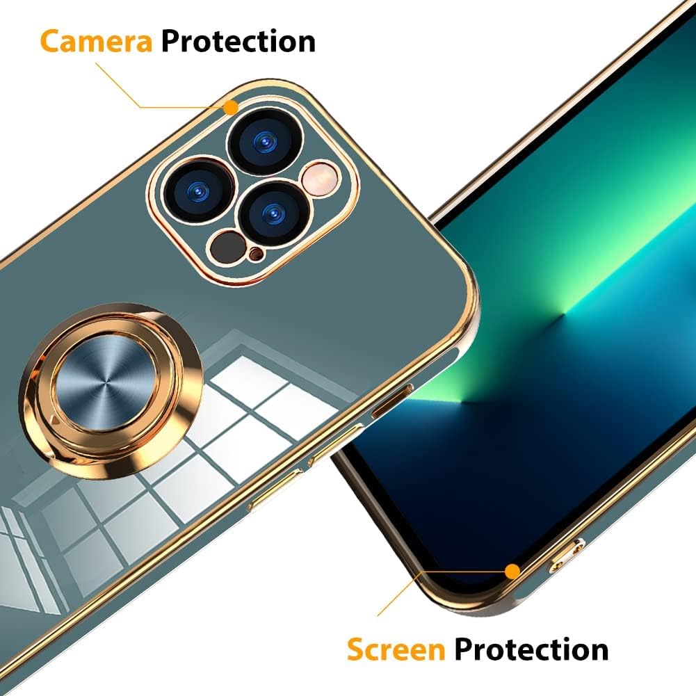 OOK Funda compatible con iPhone 13 Pro con soporte para anillo, protección completa para lente de cámara, chapado en oro rosa, 360, soporte de