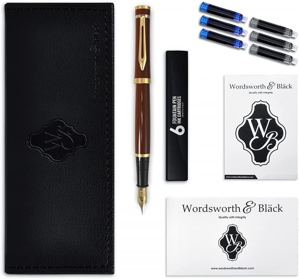 Wordsworth & Black Juego de pluma estilográfica, puntas medianas y extrafinas doradas de 18 quilates, 6 cartuchos de tinta y convertidor de recarga,