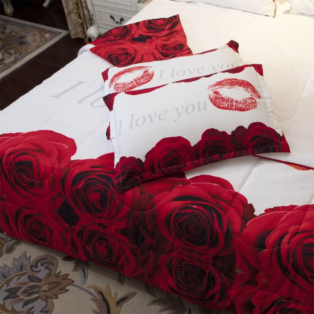 Juego de edredón 3D Queen  Juego de edredón con estampado de rosas rojas y blancas tamaño Queen, juego de ropa de cama con 2 fundas de almohada para