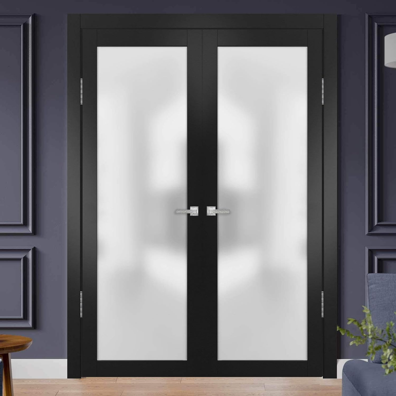 Solid French Double Doors 48 x 80 inches Frosted Glass  Planum 2102 Matte Black  Wood Solid Panel Frame Trims  Closet Bedroom Sturdy Doors