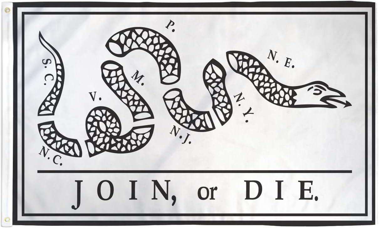 Bandera histórica Join or Die – Bandera estadounidense de poliéster de alta calidad de 3 x 5 pies