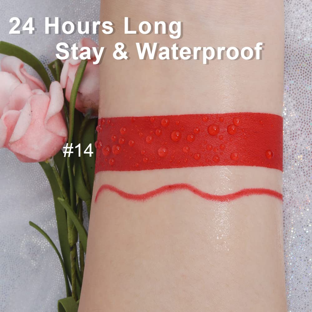 HAOYA Juego de 2 delineadores de labios y lápiz labial rojo rubí mate, lápiz labial líquido mate 24 horas y con kit de delineador de labios,