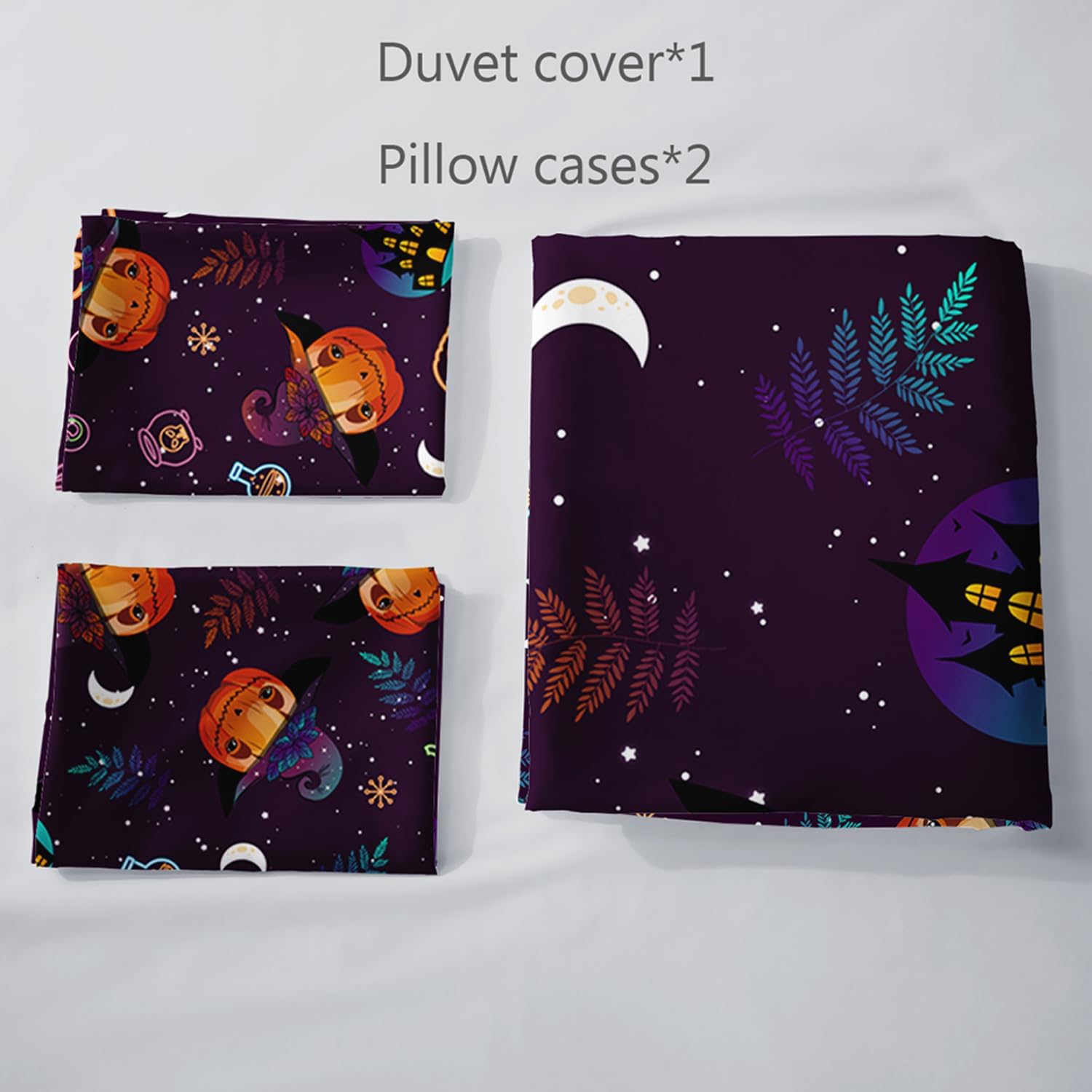 AILONEN Juego de funda de edredón de Halloween, tamaño Queen, juego de ropa de cama de calavera de calabaza mágica, juego de funda de edredón con