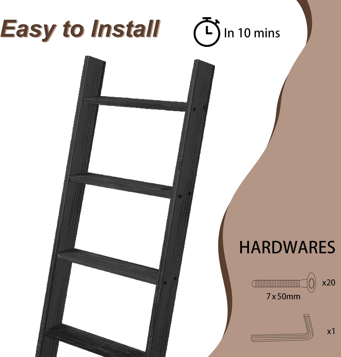 TEAKMAMA Escalera para mantas de 4.5 pies, soporte decorativo para mantas de granja, escaleras de manta de pared para sala de estar, fácil de