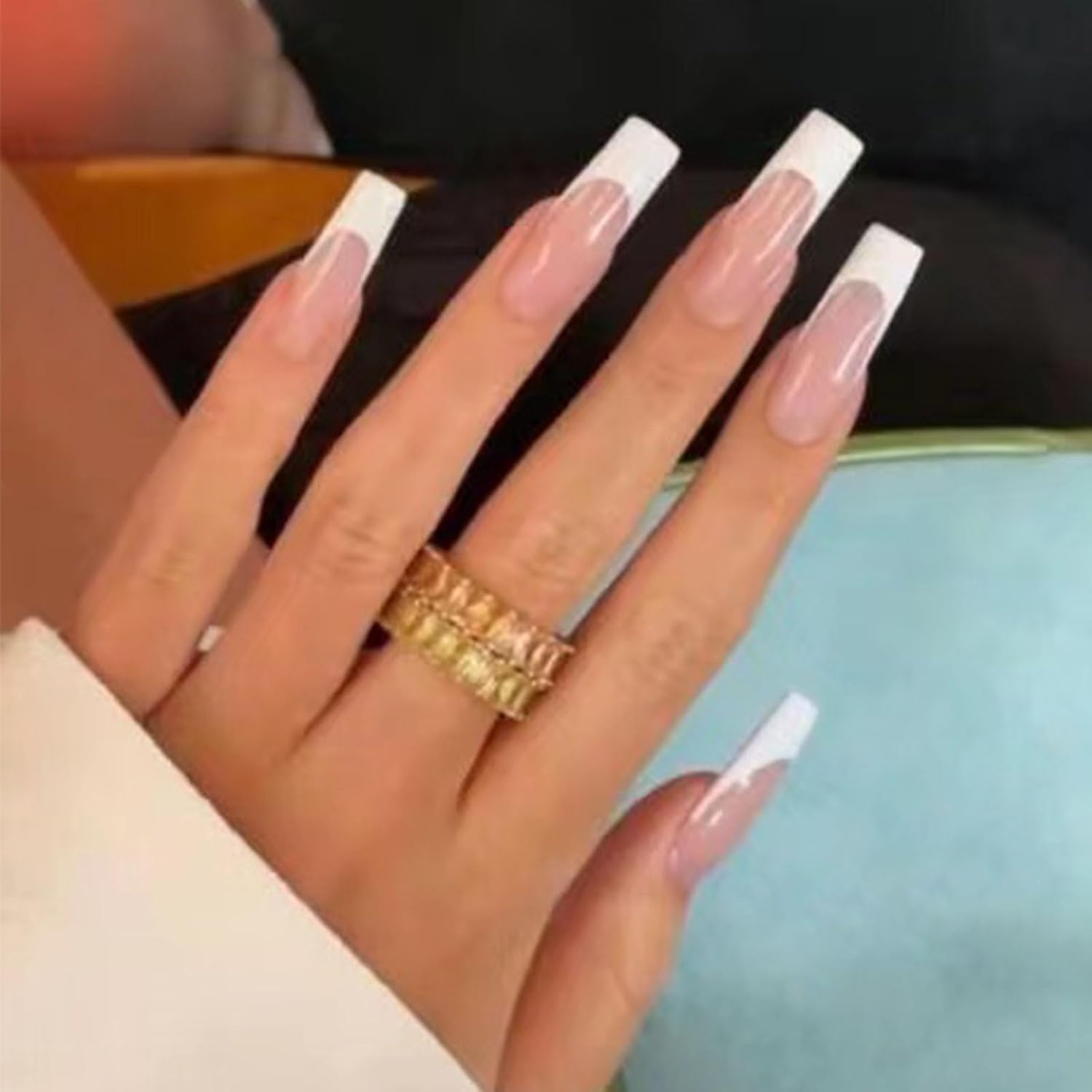 Kamize – Uñas postizas largas a presión francesas cuadradas de cobertura completa, uñas postizas acrílicas color nude para mujeres y niñas, 24