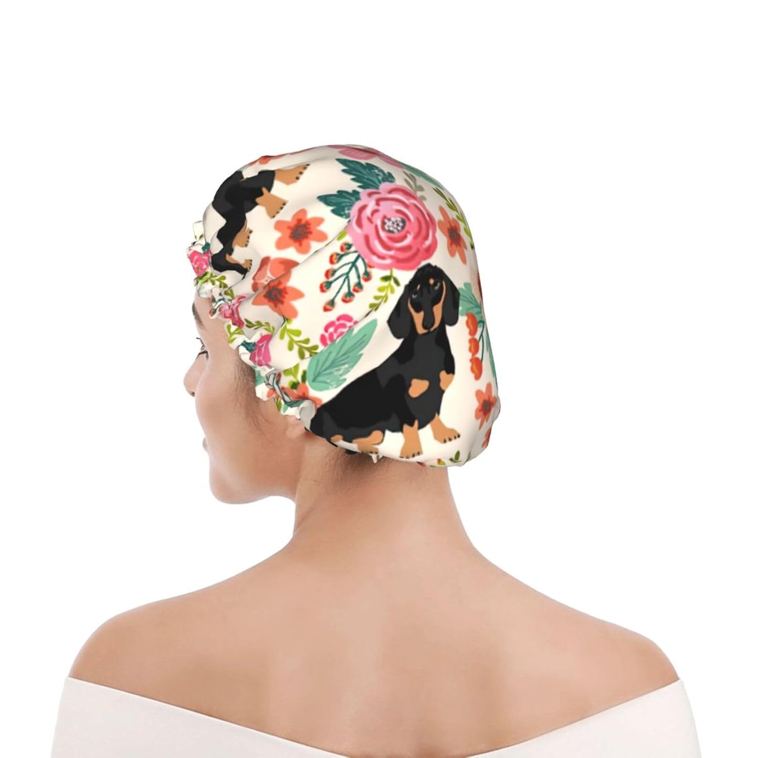 Gorro de ducha floral para mujer, elástico y reutilizable, doble capa impermeable