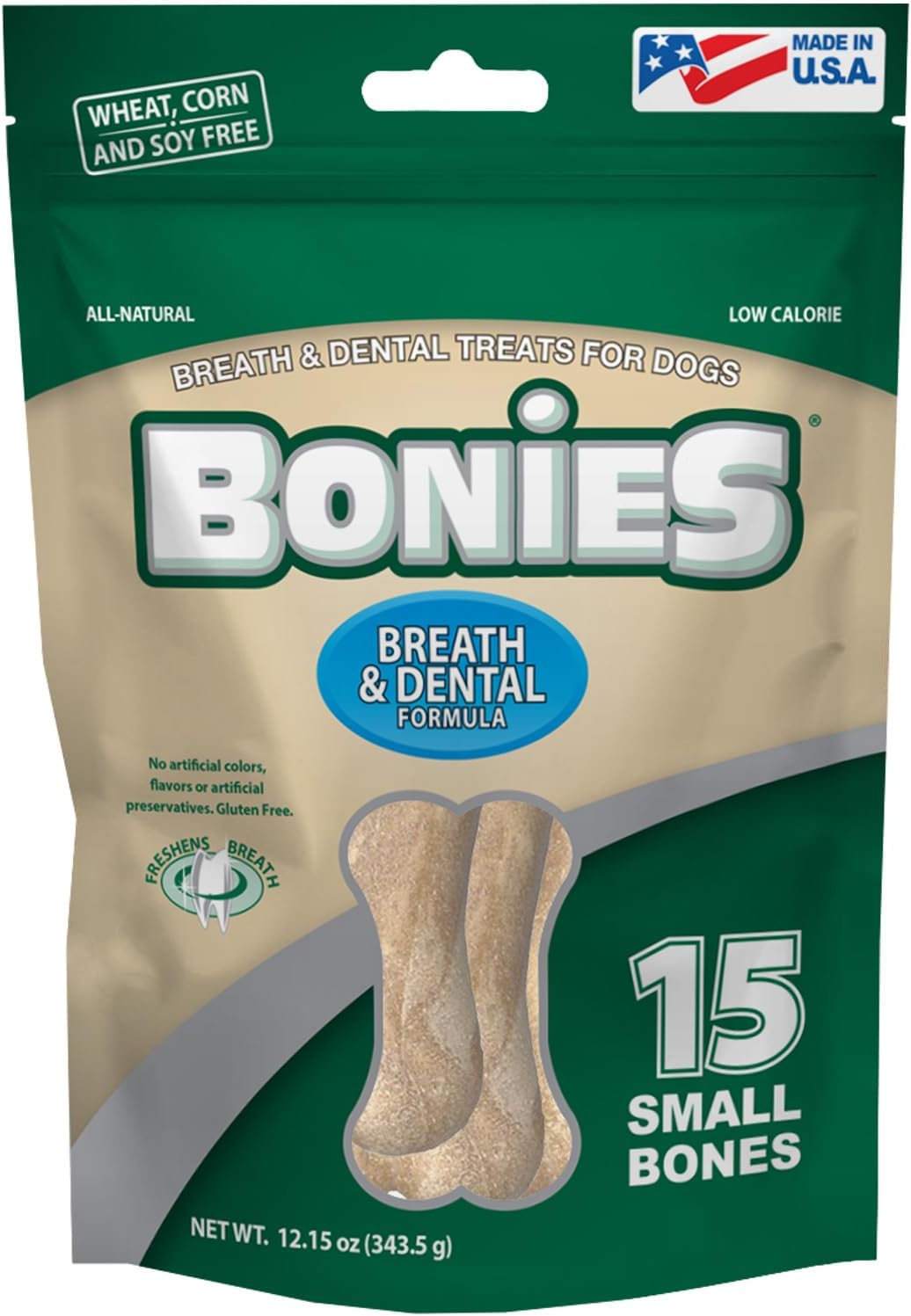 Bonies Aliento y fórmula dental golosinas para perros, ingredientes totalmente naturales, aliento fresco, limpia los dientes, bajo en calorías,