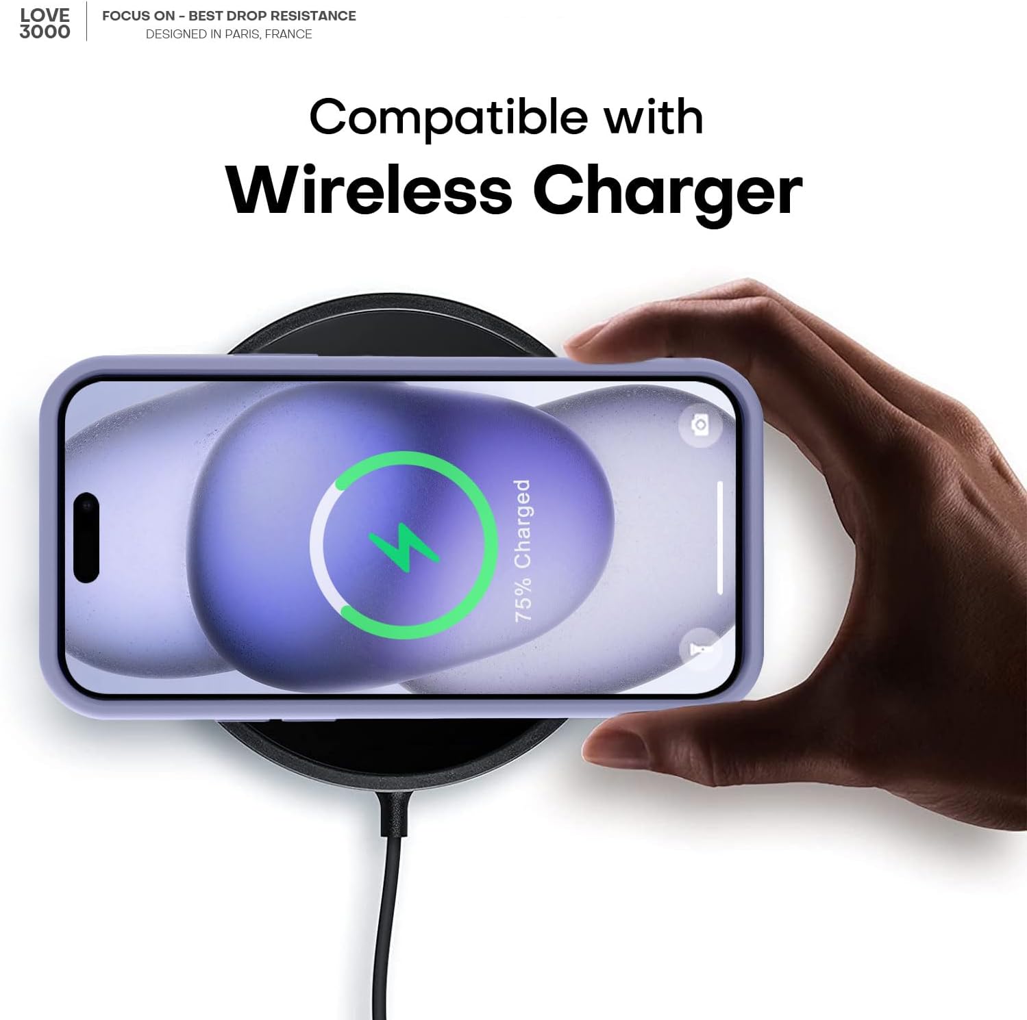LOVE 3000 Compatible con iPhone 15, cámara de cobertura completa de silicona suave, protección contra caídas de 8 pies, forro de microfibra suave,