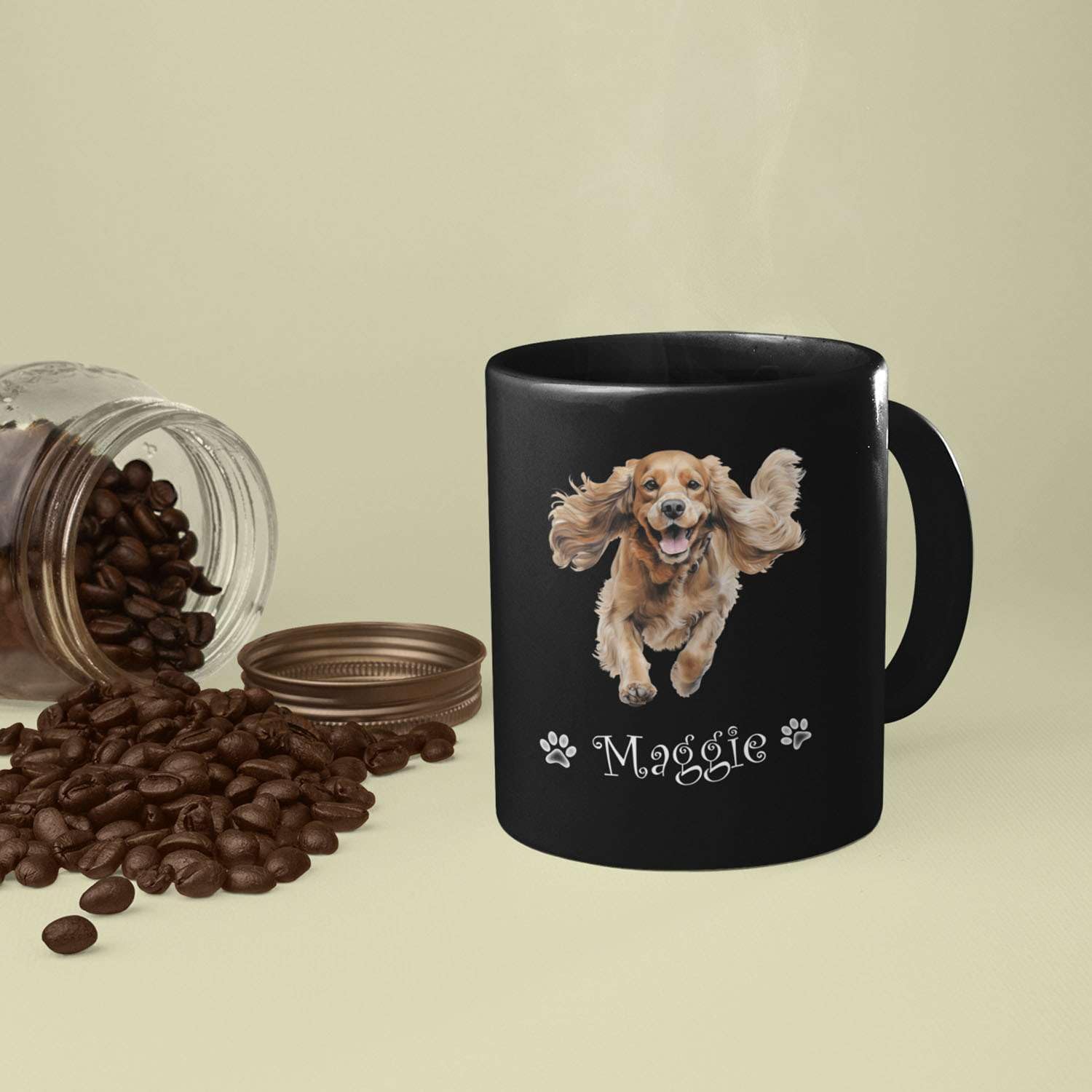 Taza de té de perro Happy Cocker Spaniel personalizada para abuelos, taza de café con nombre personalizado de 11 onzas y 15 onzas, taza de cerámica