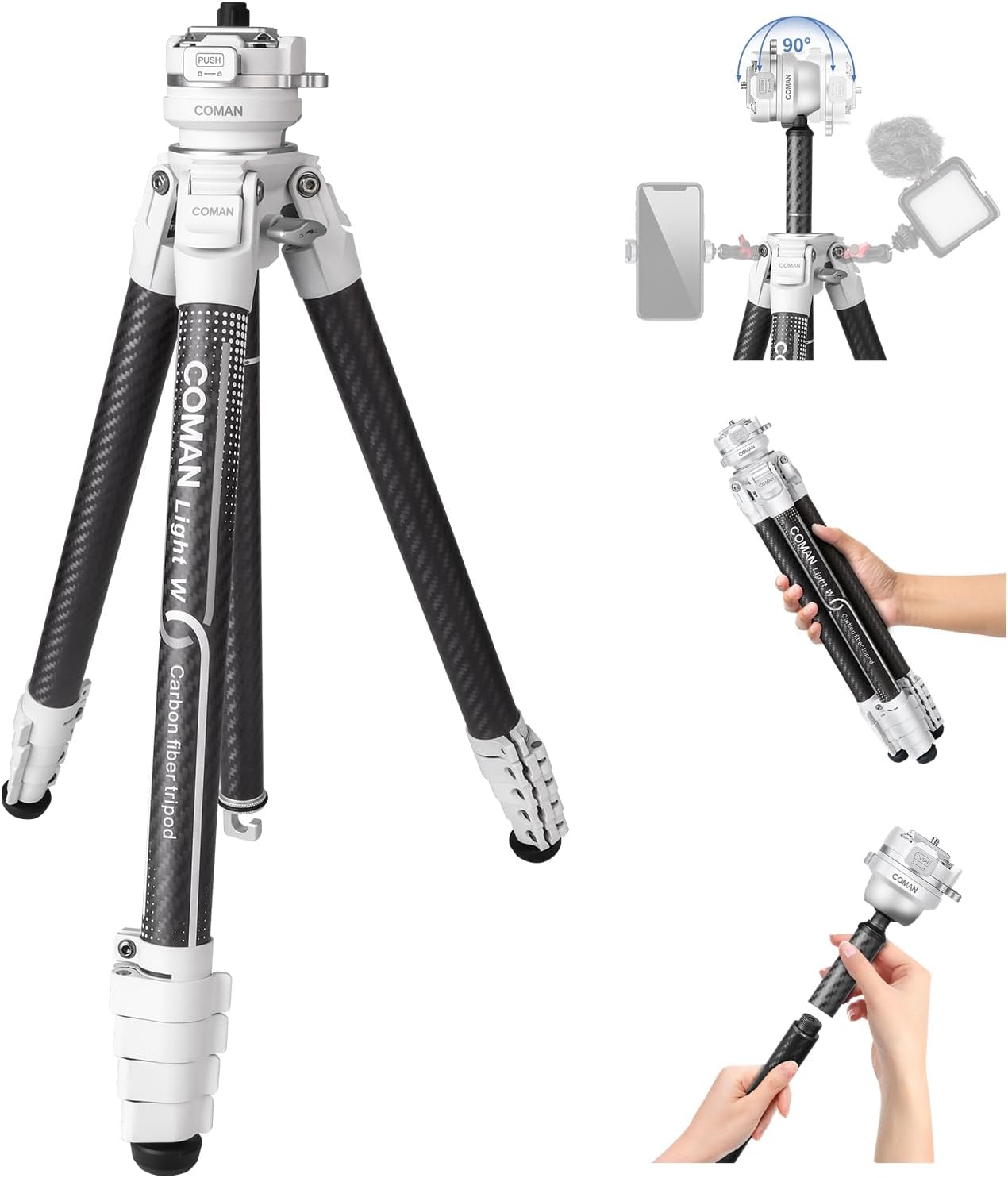 COMAN Trípode portátil para cámara de viaje, trípodes DSLR compactos y ligeros, soporte de trípode de fibra de carbono con cabezal de bola de 360,