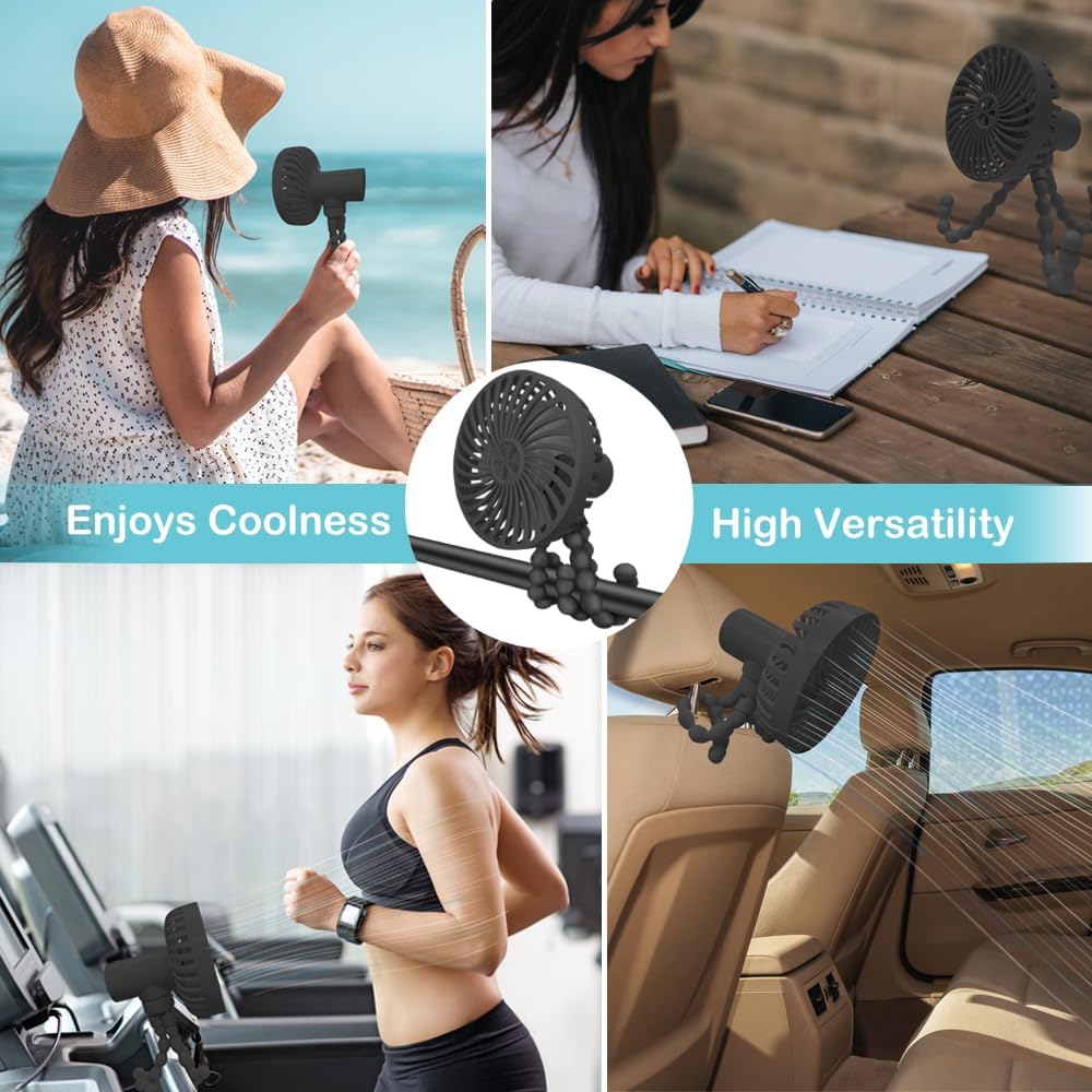 Stroller Fan, 3 Speed Adjustable Portable Fan, USB Rechargeable Battery Powered, Handheld Fan with Flexible Tripod, Suitable for Cribs and