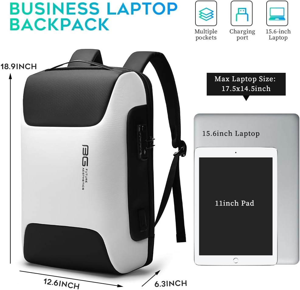 BANGE Mochila antirrobo con puerto de carga USB, mochila de negocios ligera para hombres y mujeres.., Blanco (dos bolsillos para el trabajo),