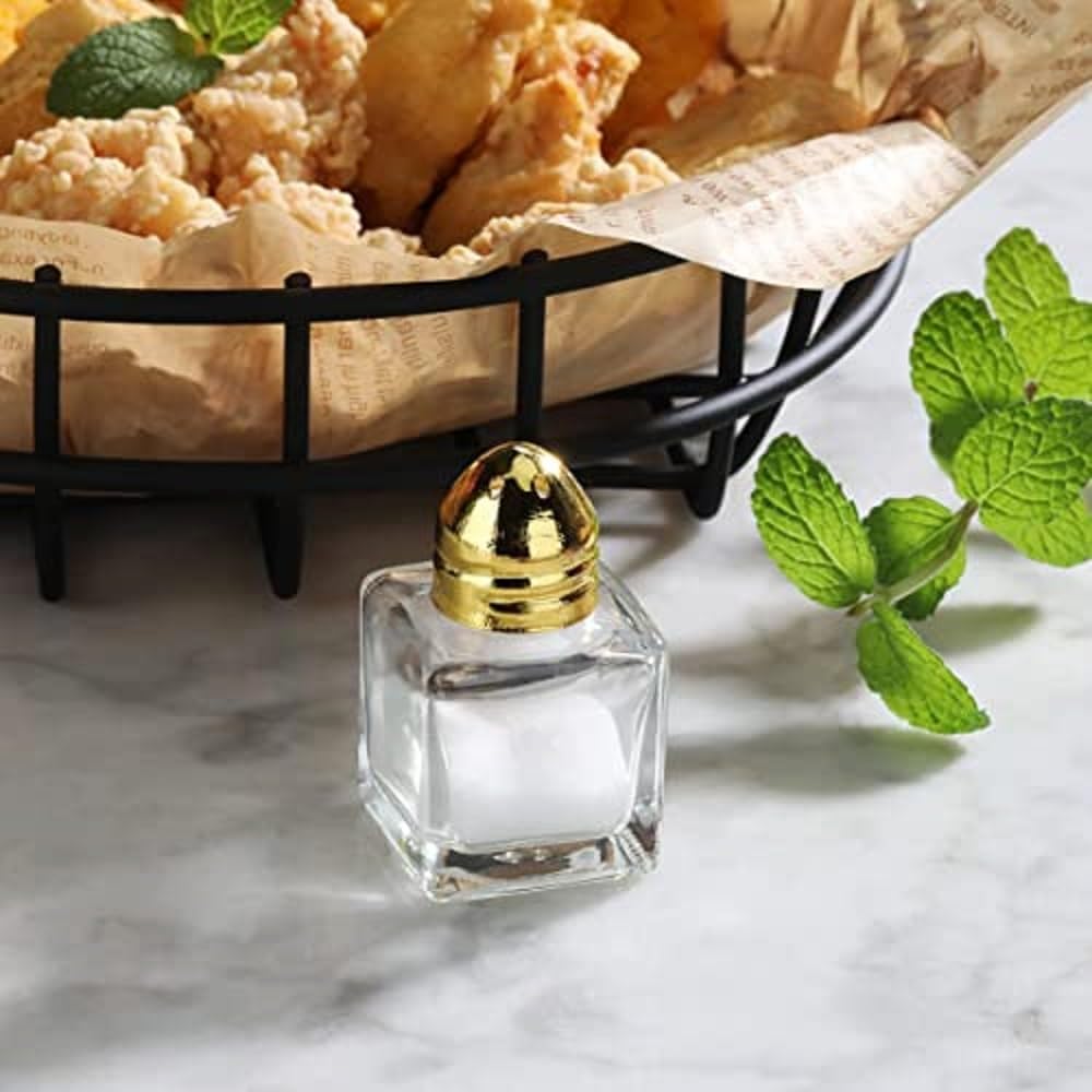 Juego de 24 saleros y pimenteros dorados de 12 oz, mini cubos cuadrados de cristal, saleros y pimenteros con parte superior dorada para restaurantes