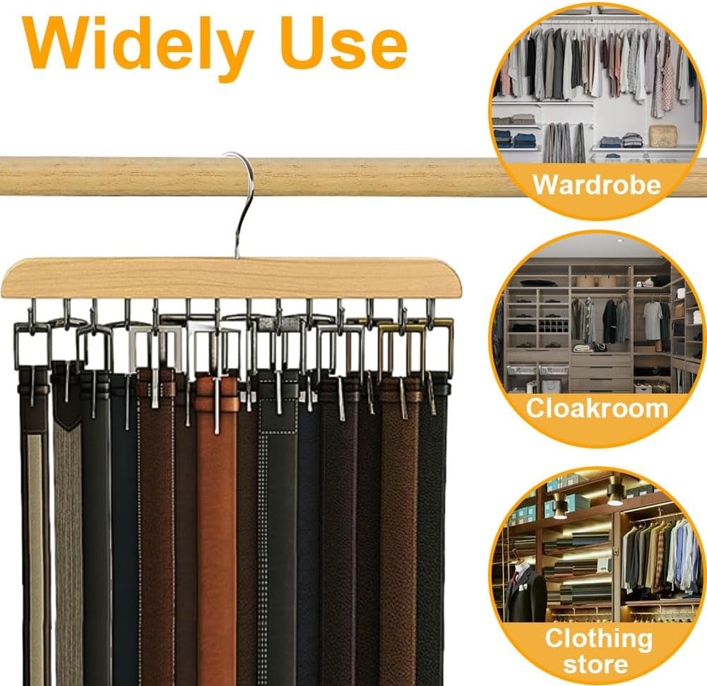 Percha de cinturón para armario con 20 ganchos máximo 60 cinturones, colgador de madera resistente para corbata y cinturón, ahorro de espacio,