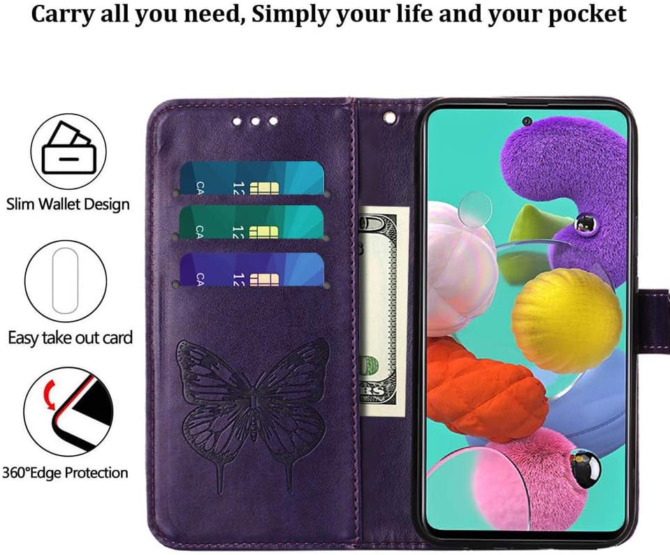 Funda A51 para Samsung A51, función atril, correa de muñeca, ranuras para tarjetero, diseño floral de mariposa en relieve, funda protectora de piel