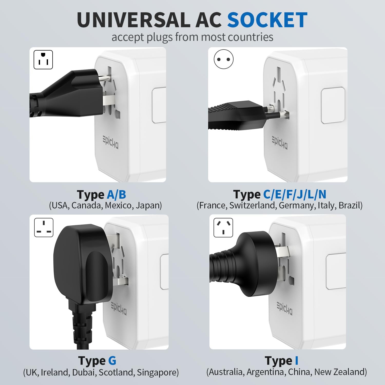 EPICKA Adaptador de viaje universal, adaptador de enchufe de alimentación internacional con 3 puertos USB-C y 2 puertos USB-A, cargador de pared