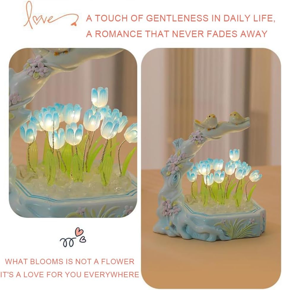 Lámpara de tulipanes de pájaros y flores, lámparas de mesa de tulipanes con 16 flores, mesita de noche, escritorio, lámpara de flores para niñas,