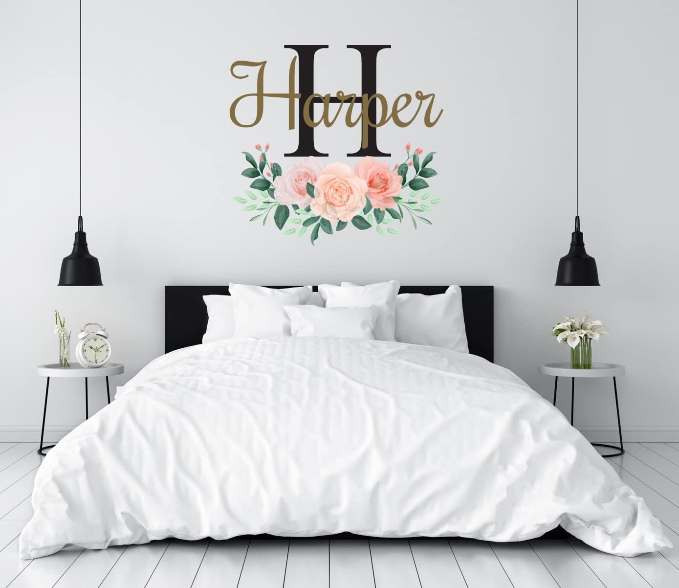 CuteDecals Calcomanías de pared personalizadas con nombre y inicial de flores, decoración artística de peonías, calcomanías murales de niñas para