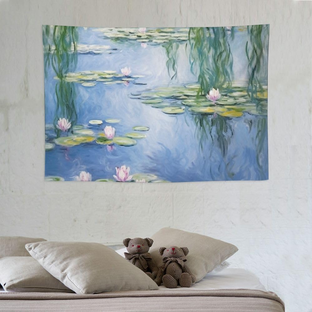 DPOTLI Monet – Tapiz floral estético para dormitorio, diseño de lirios de agua azules, póster abstracto de flores naturales para colgar en la pared