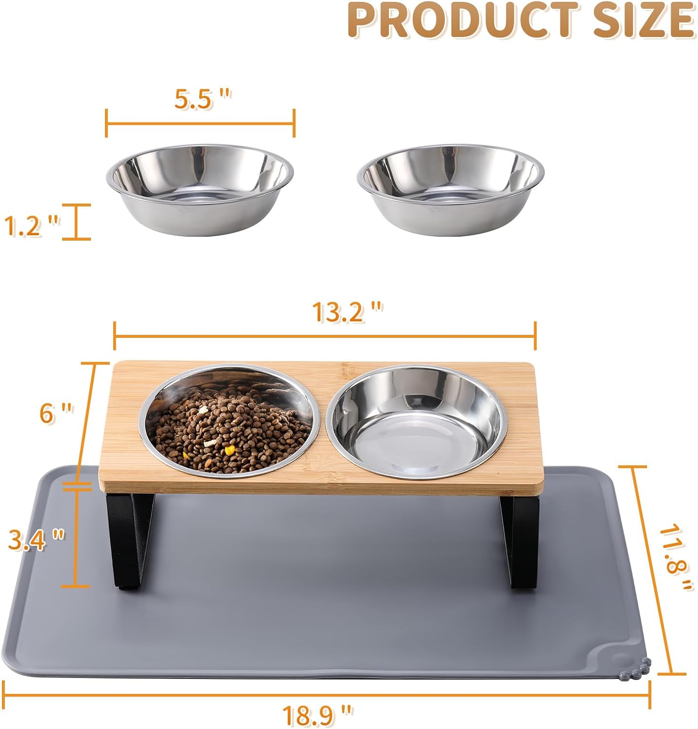 Cuencos elevados mejorados para gatos con tapete para alimentos, soporte inclinado de 15 , platos elevados para gatos y agua, 2 cuencos de acero