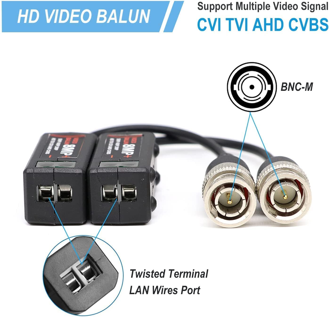 ANLINK 4 pares de conectores de balun de video pasivo 4K 8MP HD, CCTV BNC pasivo de video balun transceptor para BNC macho a través de un transmisor