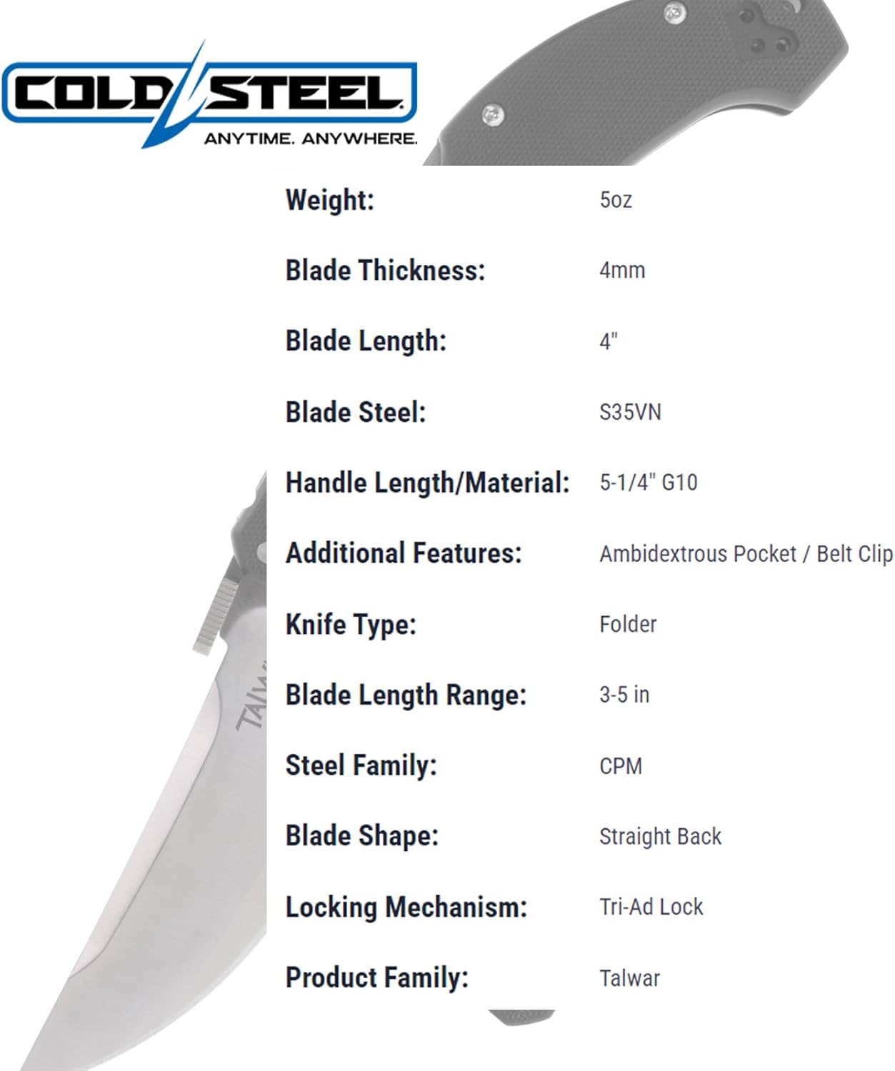 Cold Steel Talwar S35VN – Cuchillo plegable de bolsillo táctico con mango G10 de acero ultra afilado con mecanismo de bloqueo Tri-Ad