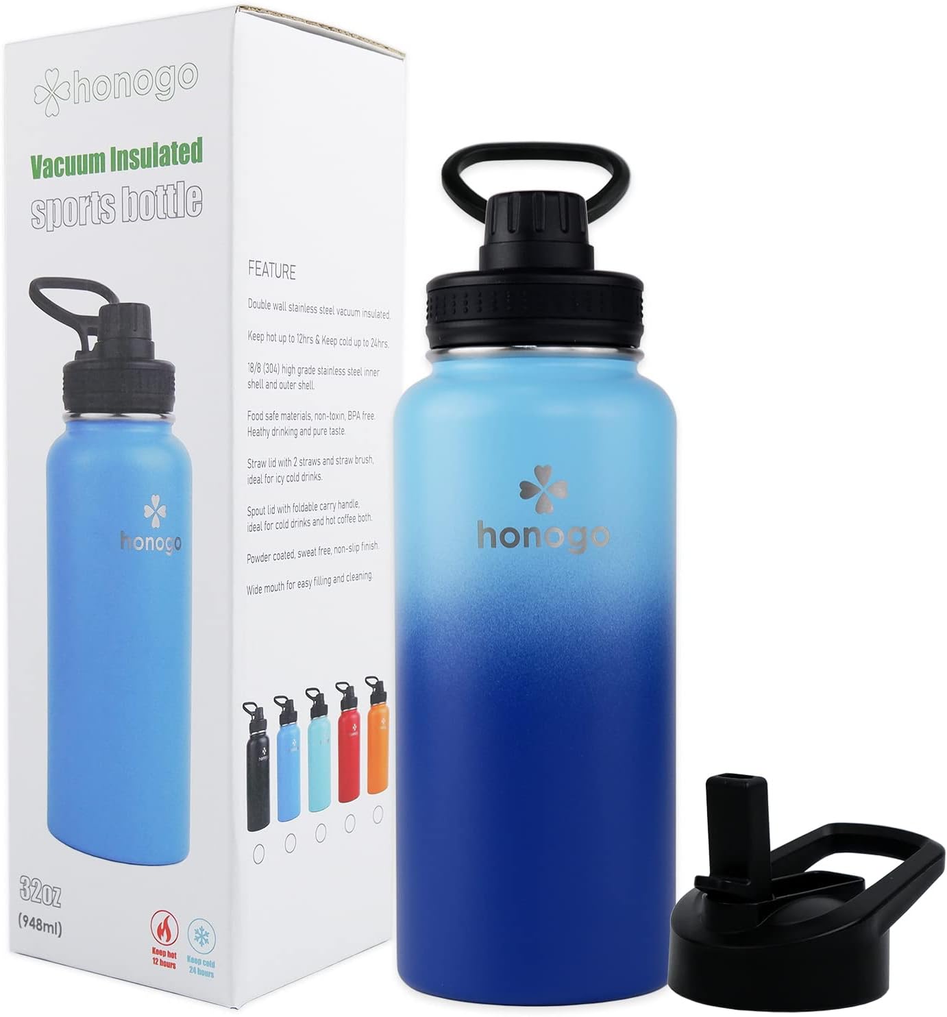 Botella de agua deportiva de 32 onzas con recubrimiento en polvo de doble pared aislada al vacío, termo de boca ancha de acero inoxidable 188 con
