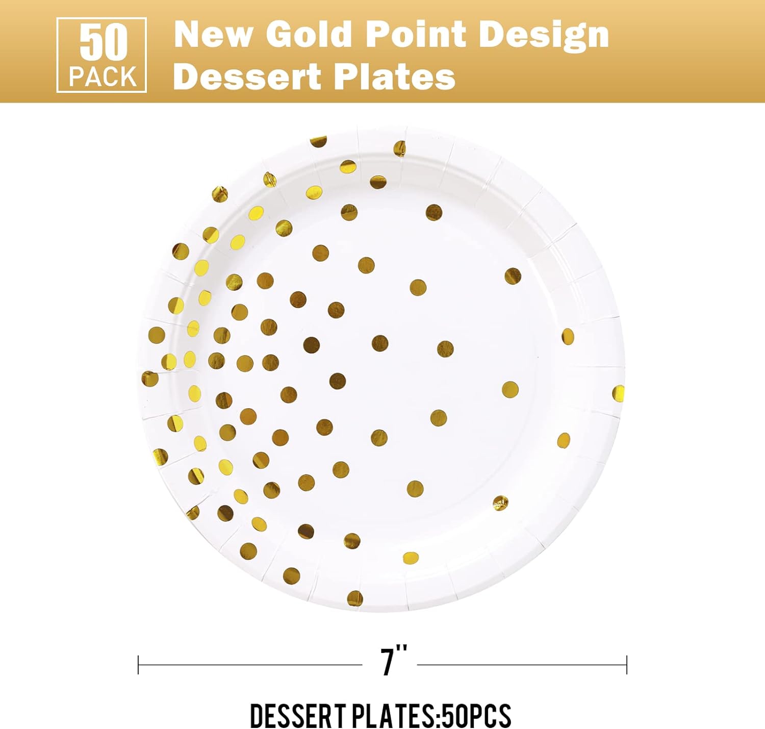 Suministros de fiesta blancos y dorados, platos de postre de papel de punto dorado (50 unidades)