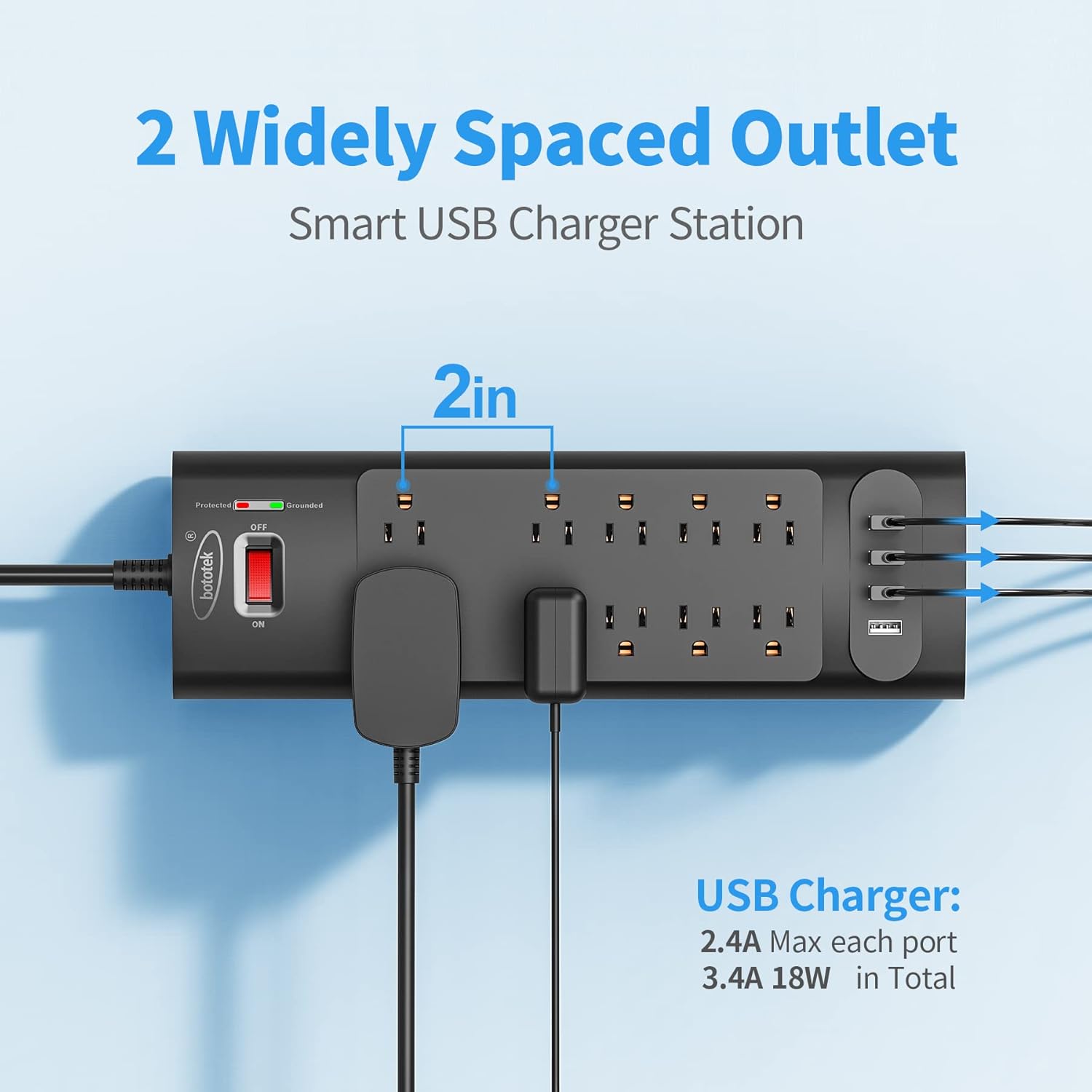 Protector de sobretensiones con 10 salidas de CA y 4 puertos USB, 1875 W15 A, 2100 julios, cable de extensión de 6 pies de largo para el hogar,