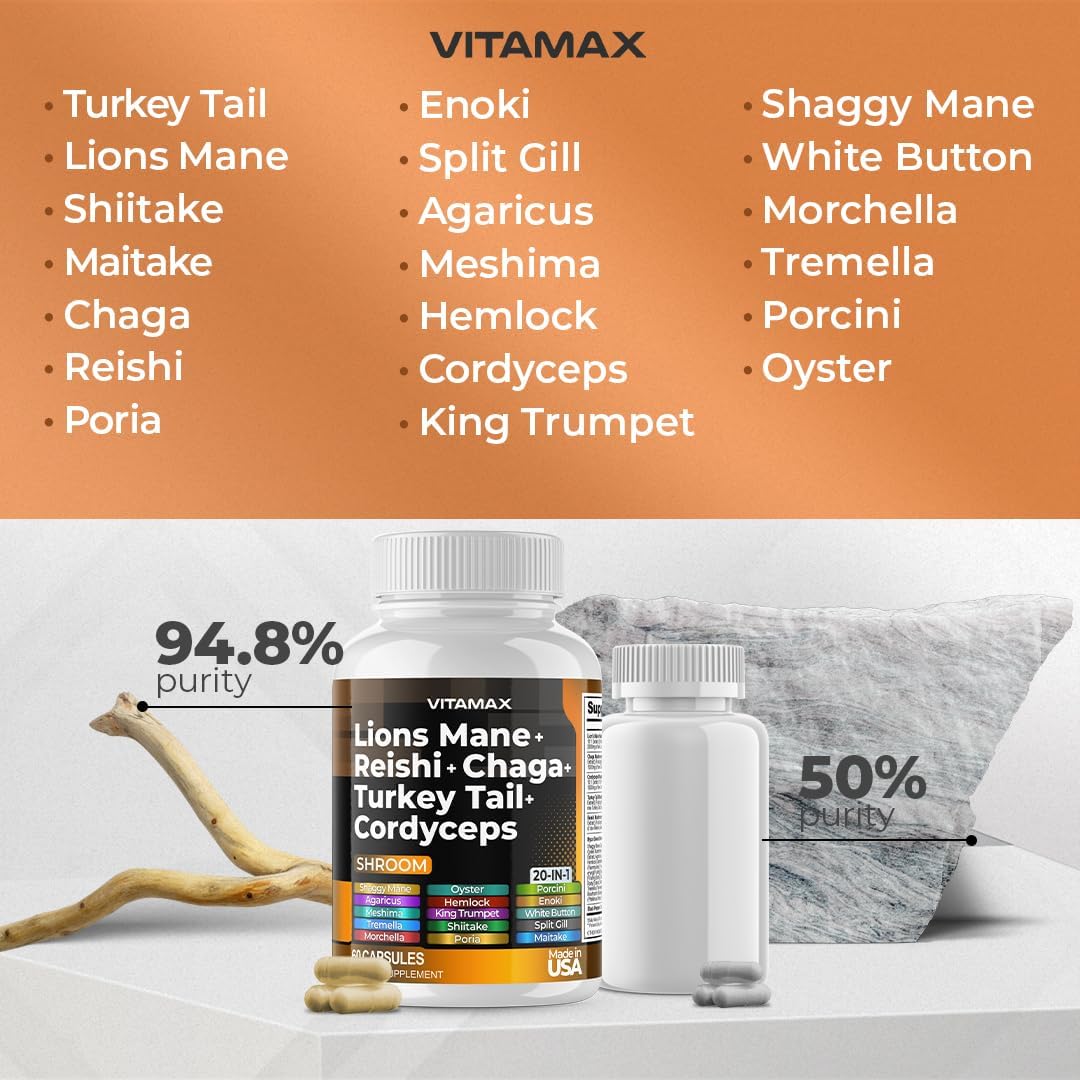 Vitamax Seta de melena de leones, 3000 mg de cola de pavo 2000 mg Chaga y Reishi 1000 mg Cordyceps Shiitake White Elm King Trompeta Nameko Oyster