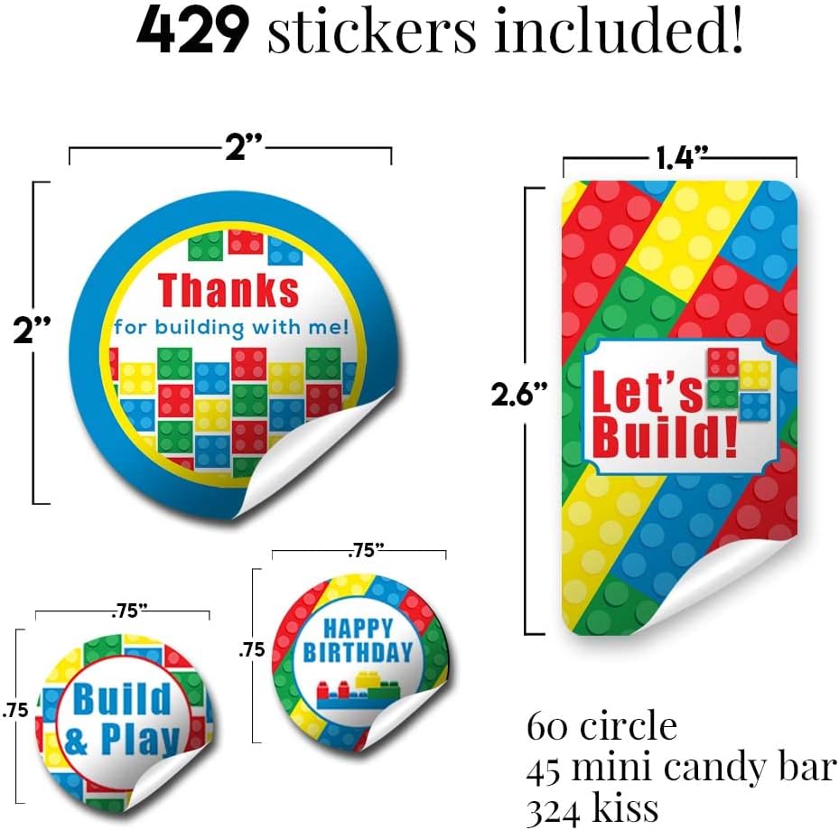 Kit de calcomanías para fiesta de cumpleaños de bloques de construcción y ladrillos, 429 piezas. Incluye 60 calcomanías circulares de 2 pulgadas