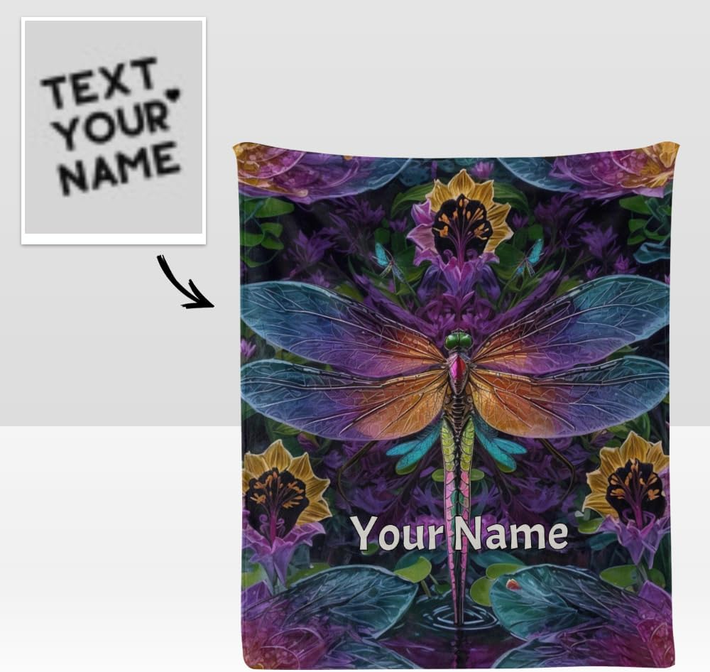 Manta personalizada con texto del nombre, manta personalizada de libélula de forro polar súper suave para sofá, cama (50 x 60 pulgadas)