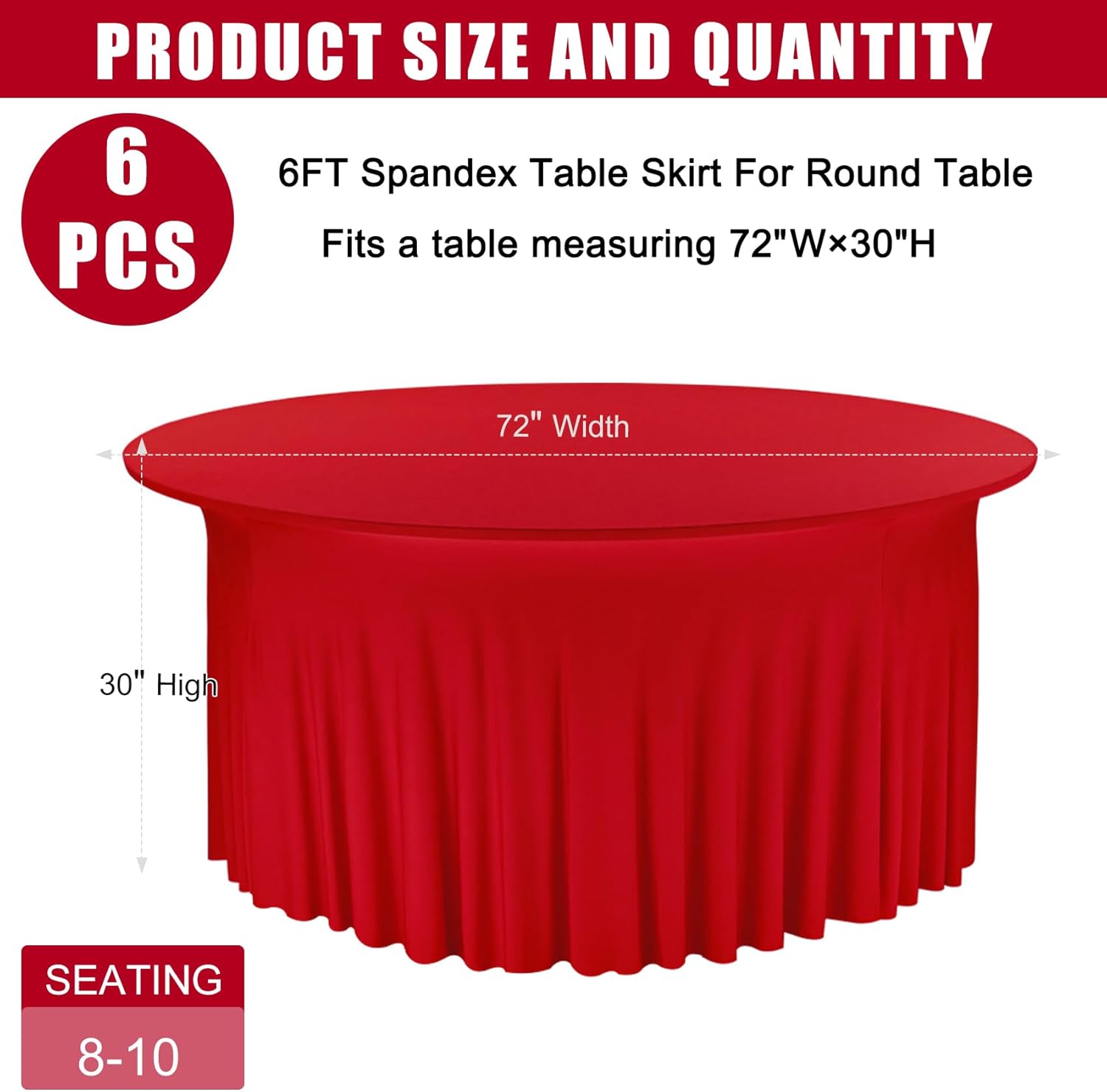 Paquete de 6 faldas de elastano de 6 pies para mesa redonda, lavables, manteles elásticos rojos, resistentes a las arrugas, ajustables, para