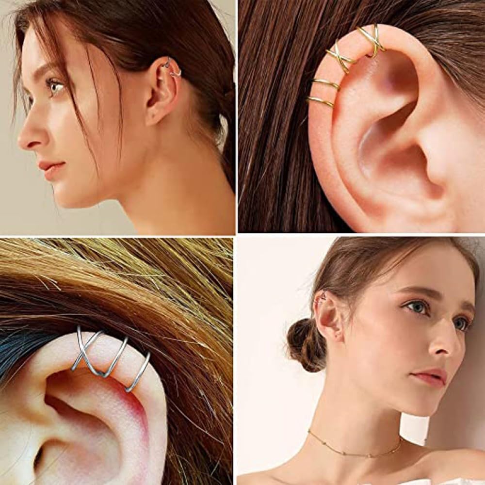4 Pcs Stainless Steel Ear Cuff Criss Cross Double Lines Ear Cuffs Non-Piercing Minimalist fake Helix Earcuff Cartilage Earring, Huggie Helix