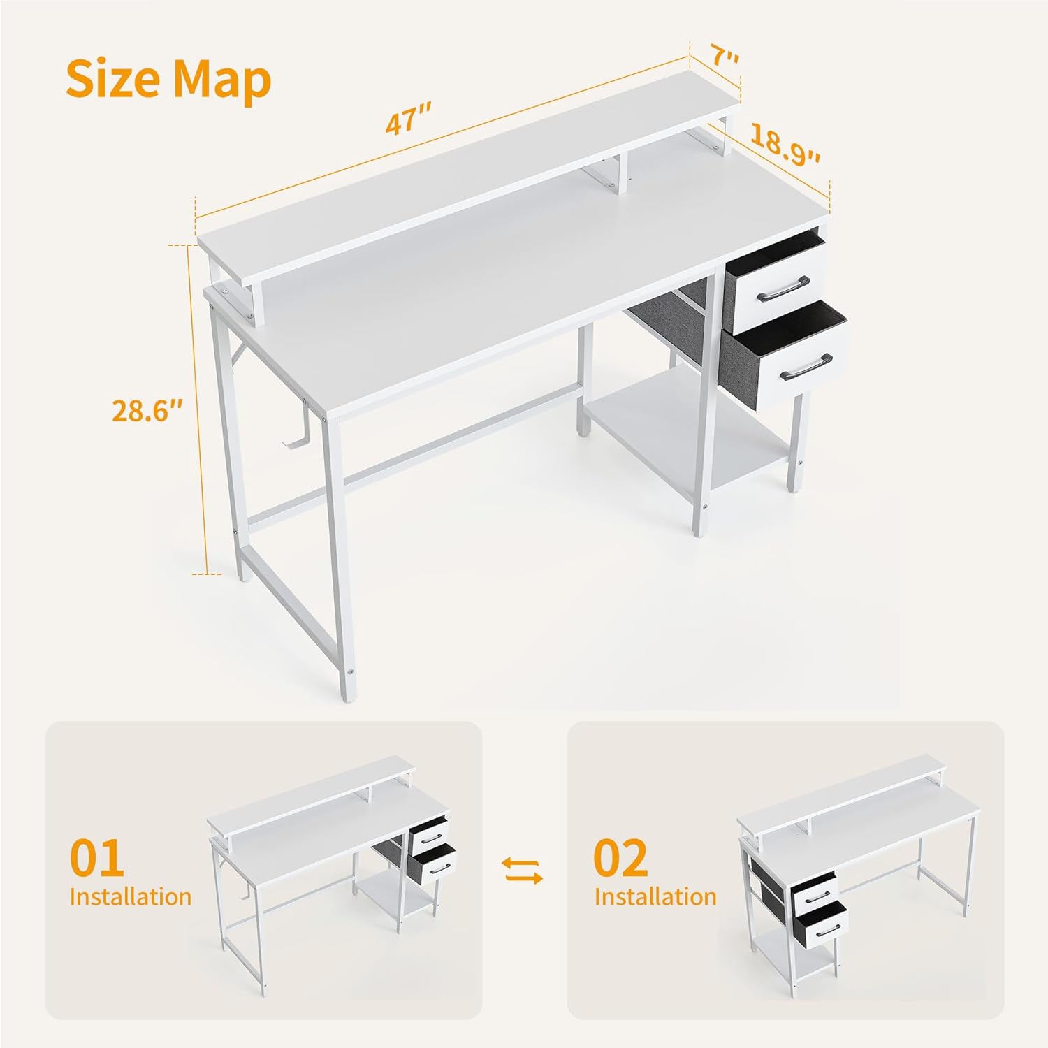 CubiCubi Morden – Escritorio para computadora de 47 pulgadas con cajones y soporte para monitor, escritorio de oficina en casa con almacenamiento,