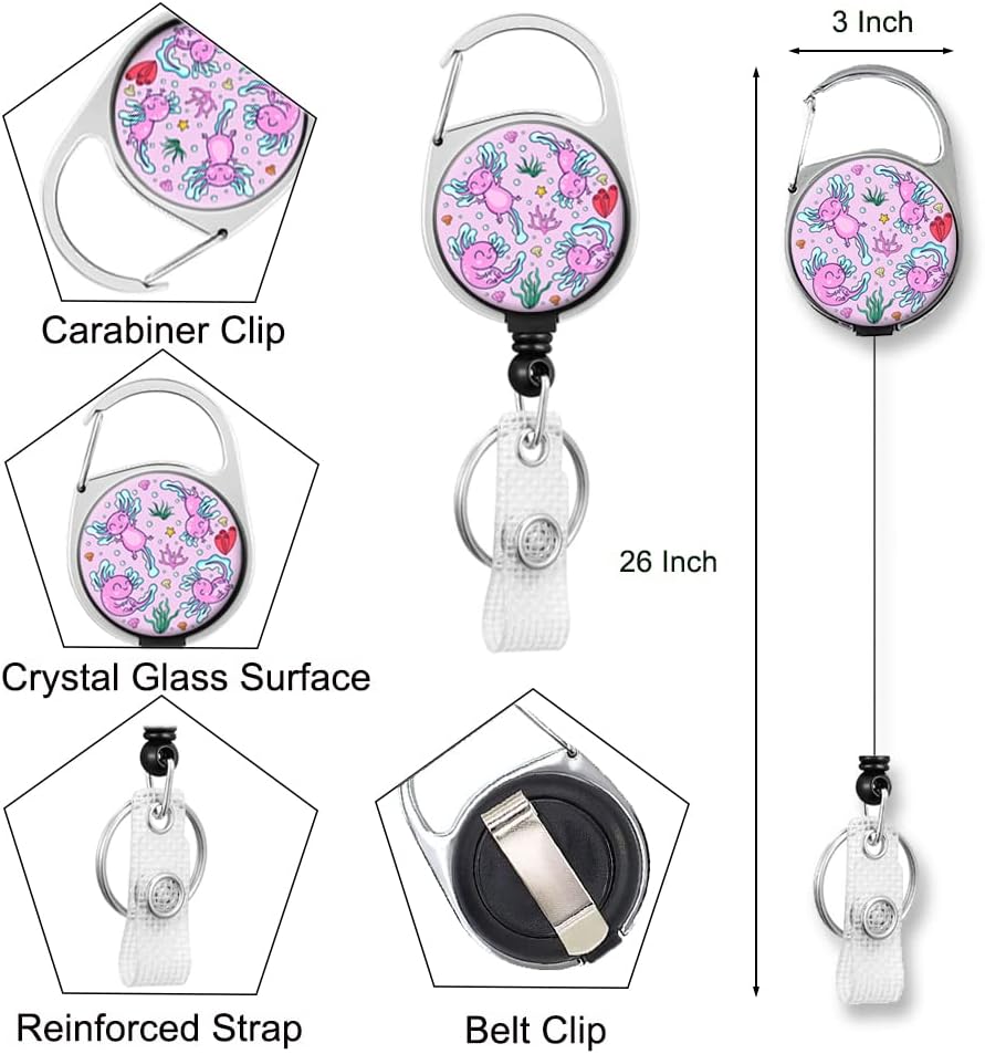Lindos soportes retráctiles de identificación de ajolotl con clip, cordón desmontable para llaveros, adecuado para pase de autobús, tarjeta de