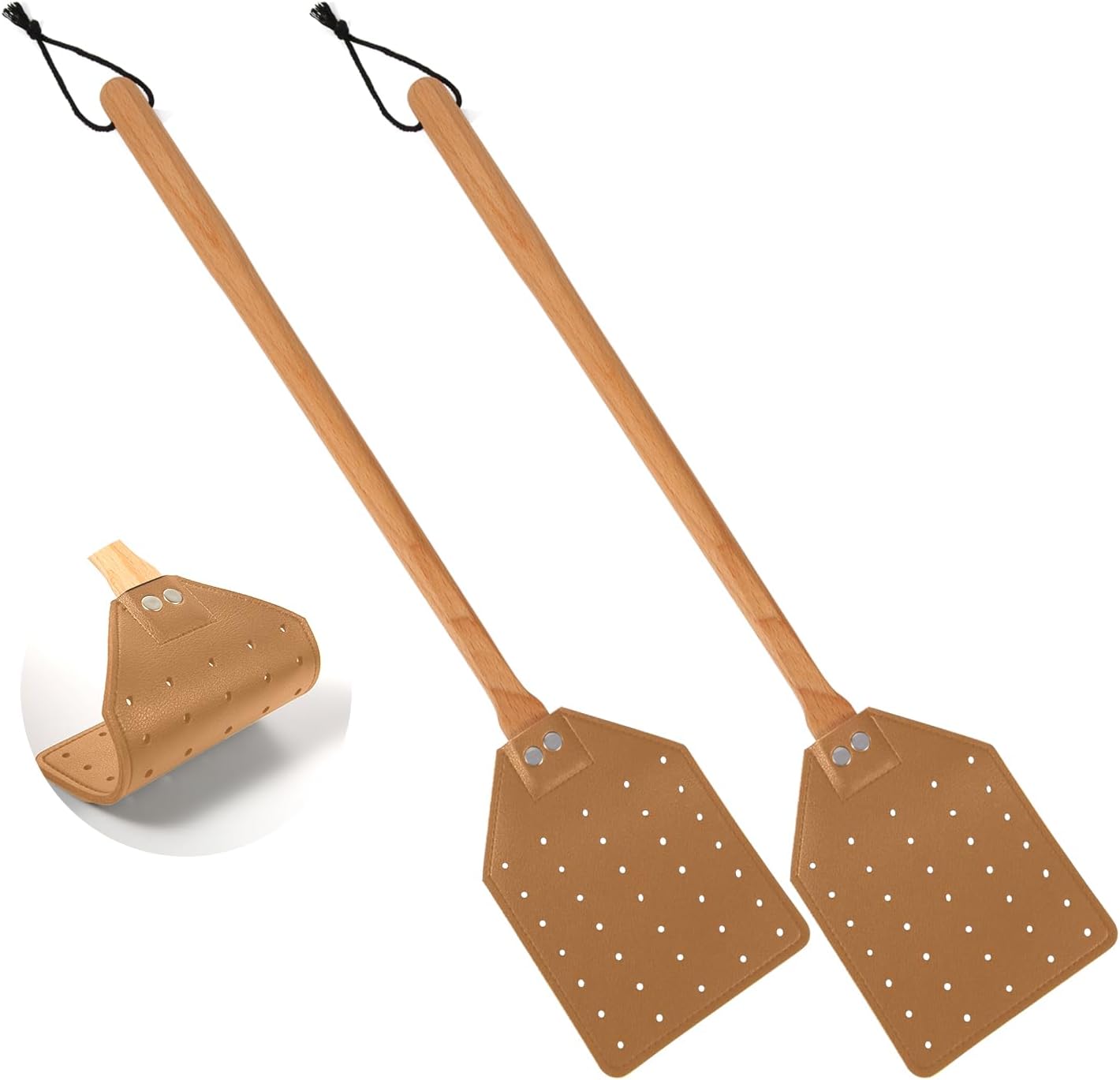 2 matamoscas de cuero para colgar, 19.5 pulgadas de largo, resistente matamoscas manual con mango de madera, atrapa avispas para interiores y