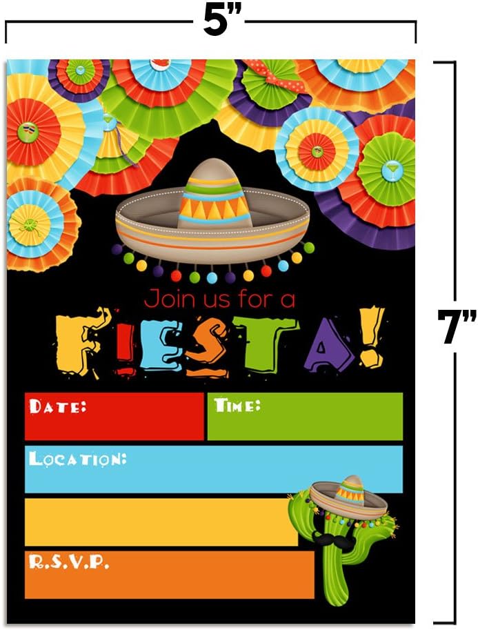 AmandaCreation – Invitaciones de fiesta temática mexicana para fiesta de cumpleaños, jubilación o Cinco de Mayo, 20 tarjetas de relleno de 5 x 7