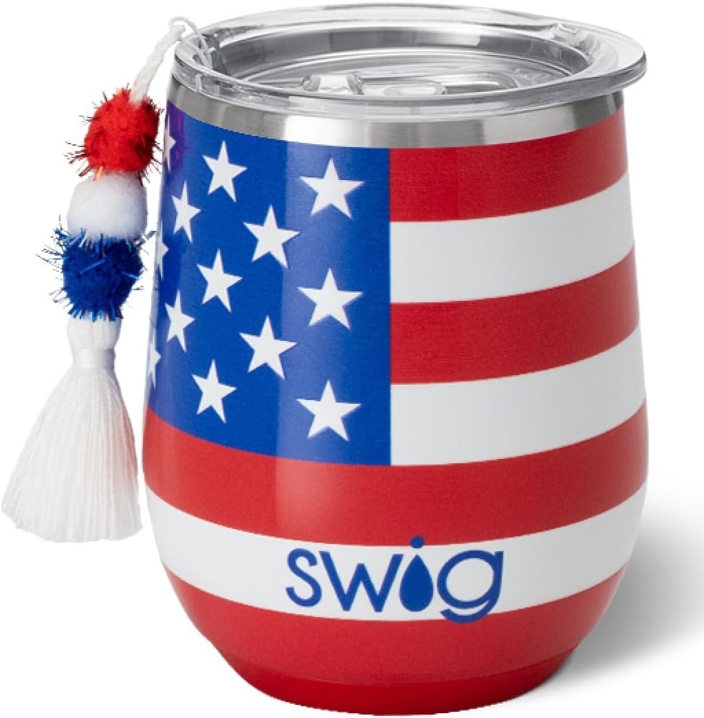Swig Life Vaso de vino de 12 onzas con tapa, acero inoxidable, apto para lavavajillas, portátil, triple aislamiento (todos los americanos)