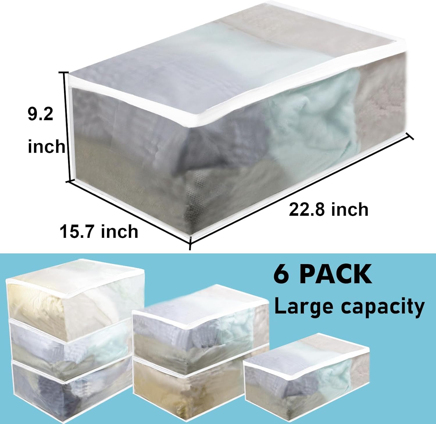 Juego de 6 bolsas de almacenamiento de ropa transparentes grandes y gruesas para mantas, sábanas, edredón, ropa plegada, suéter, jeans,
