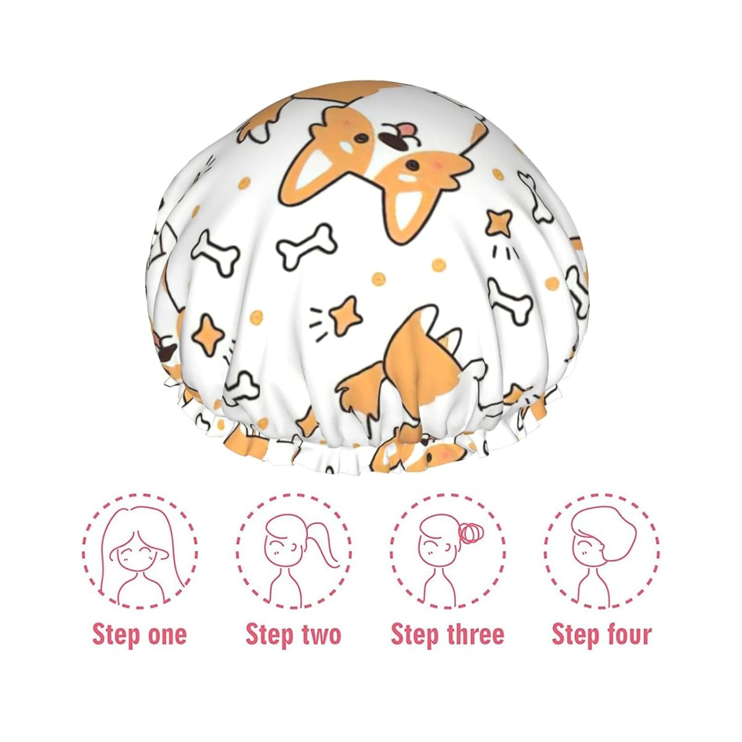 Gorro de ducha impermeable de doble capa con estampado de perro, adecuado para todas las longitudes de cabello (10.6 x 4.3 pulgadas)