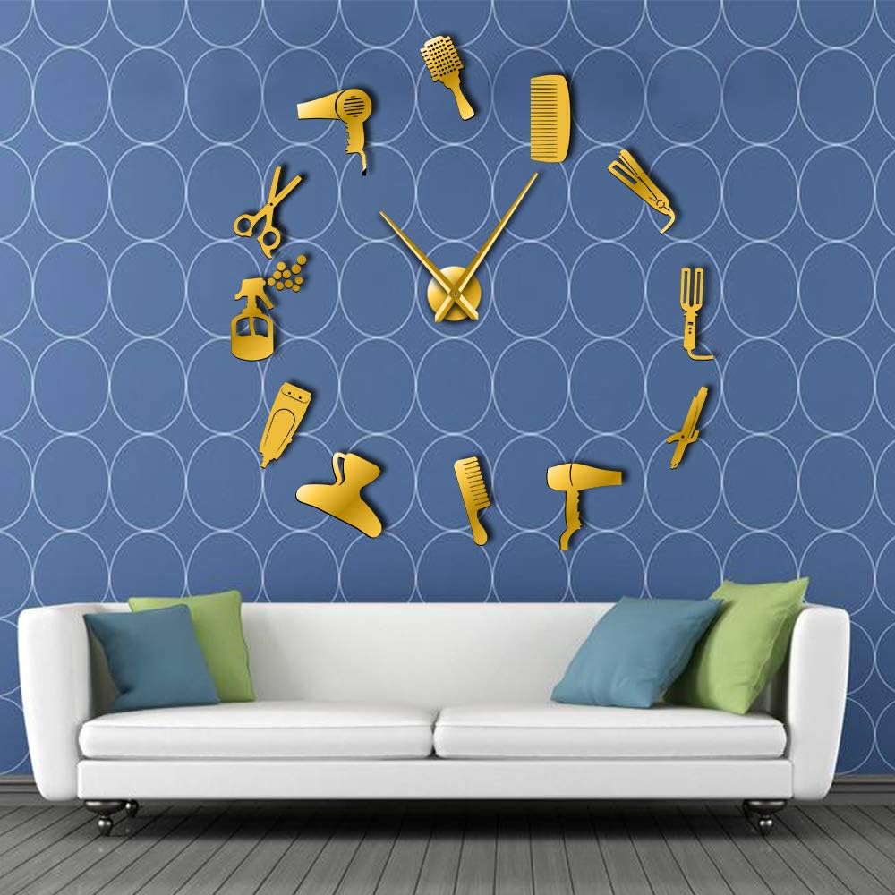 DIY Barbería Reloj de pared gigante con efecto espejo Barbería Toolkits Decorativo sin marco Reloj Peluquero Peluquero Arte de pared (dorado)