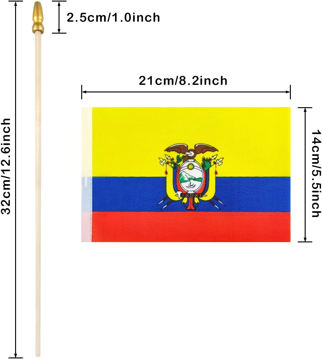 Newperlite Banderas de mano pequeñas de Ecuador – Poste de madera maciza y parte superior de lanza (paquete de 12, 5 x 8 pulgadas)