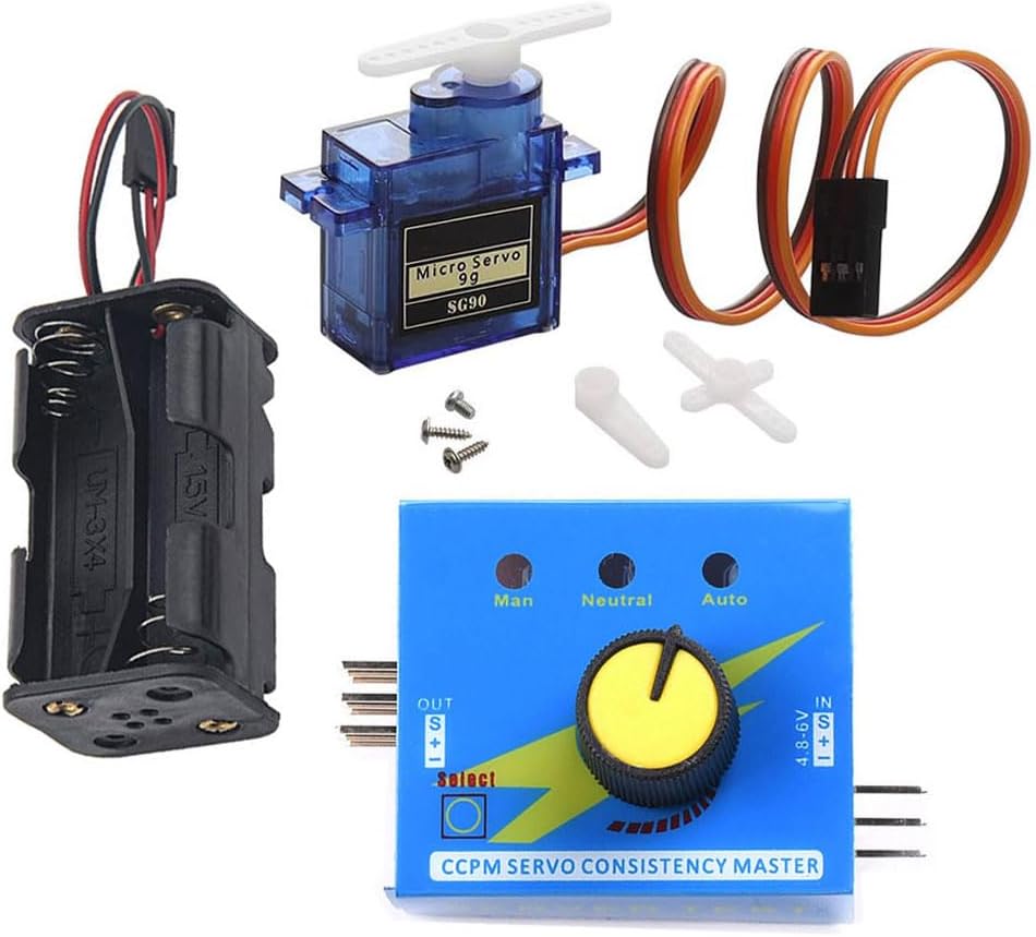 1 Unidades RC Servo Motor Probador Controlador Kit +180 grados 0.32 oz Servo con 6V Soporte de Batería para Robótica RC Coches Helicópteros Aviones