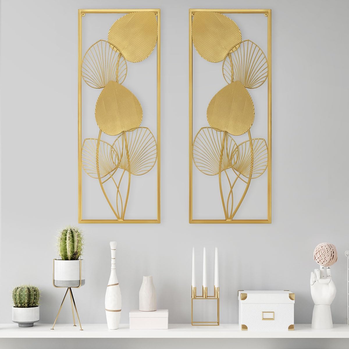 BOTAISHENG Juego de 2 hojas de metal para decoración de pared dorada para el hogar, 32 x 12 pulgadas, decoración de habitación con marco para sala