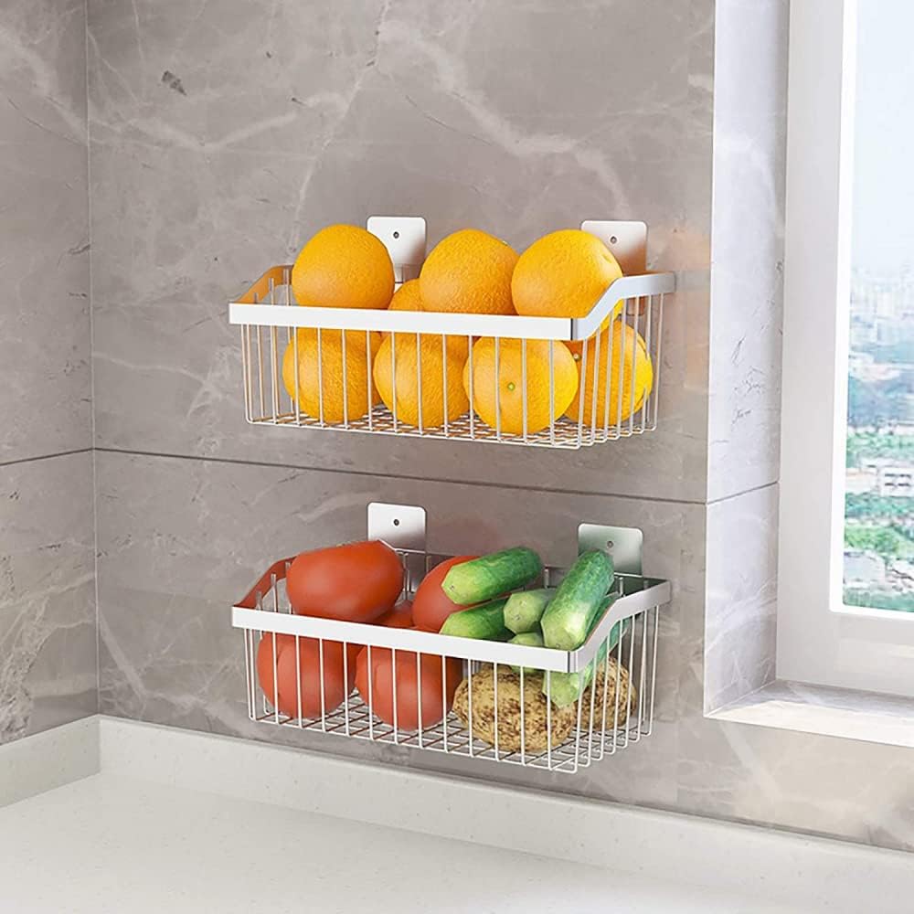 Cestas de alambre de metal de acero inoxidable montadas en la pared para organización y almacenamiento de cocina, cesta de frutas colgante,