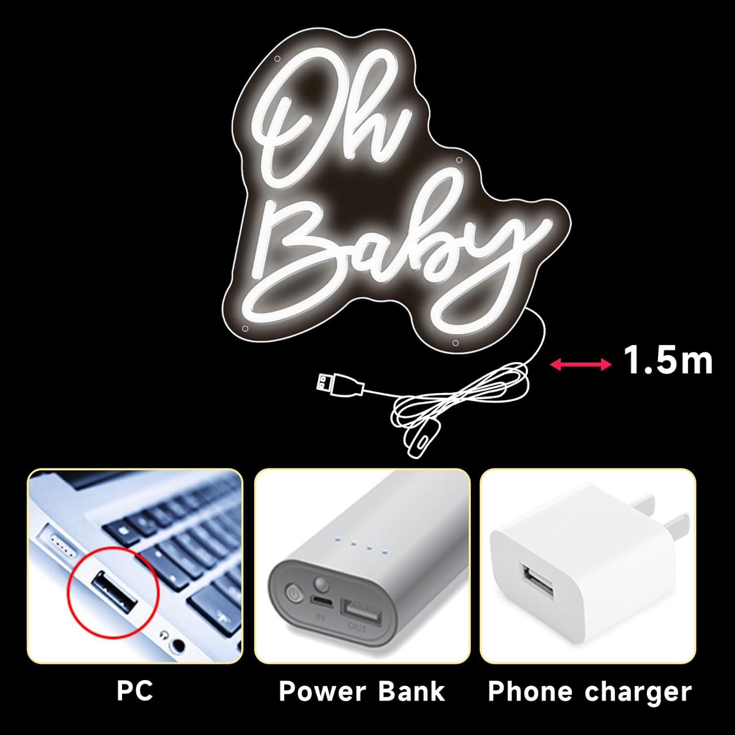 Oh Baby – Letreros de neón para decoración de pared, luz de neón blanca fría para decoración de baby shower, fiesta de cumpleaños, decoración de