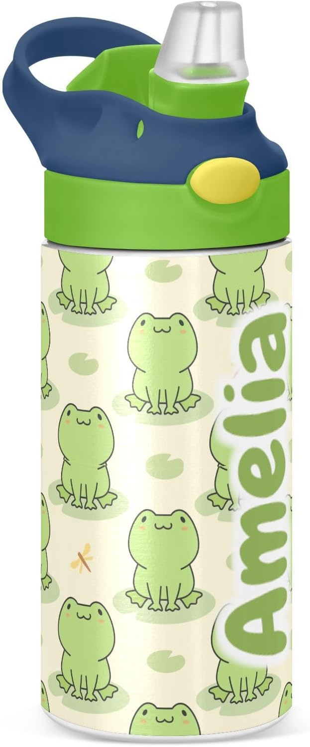 Cute Frog – Botella de agua aislada personalizada con pajilla, botella de agua al vacío de acero inoxidable personalizada para viajes y oficina