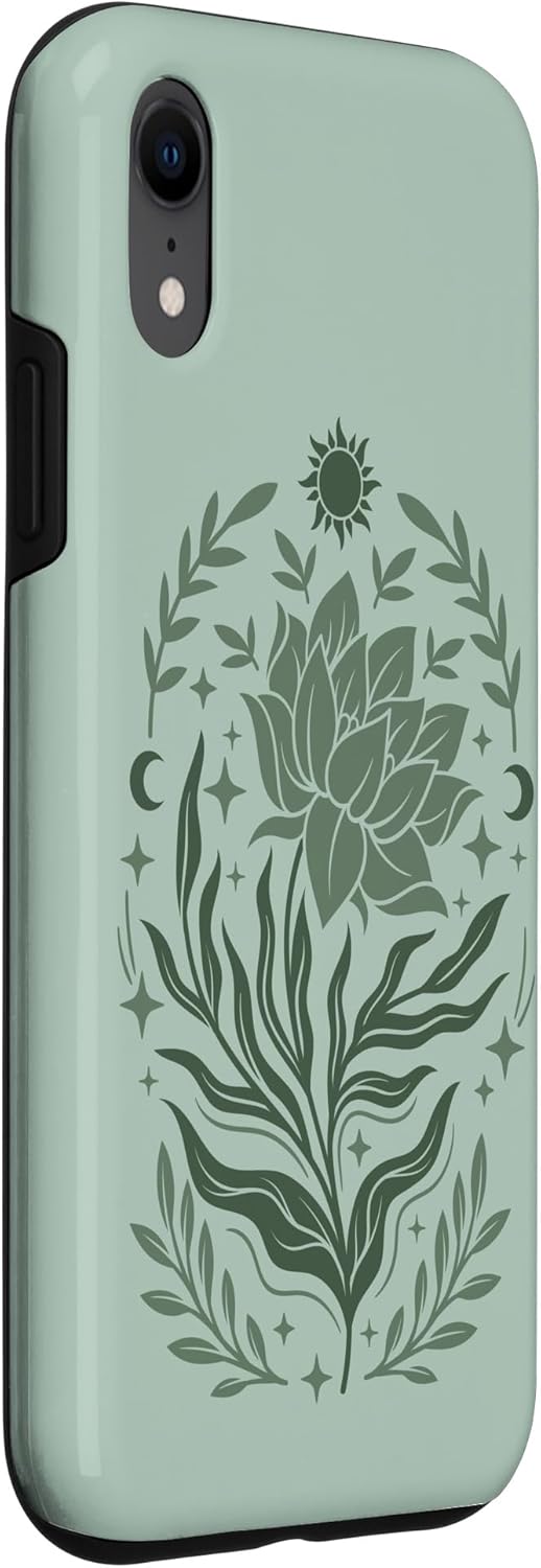 Funda celestial floral bohemia para iPhone XR con diseño de sol y luna creciente y verde